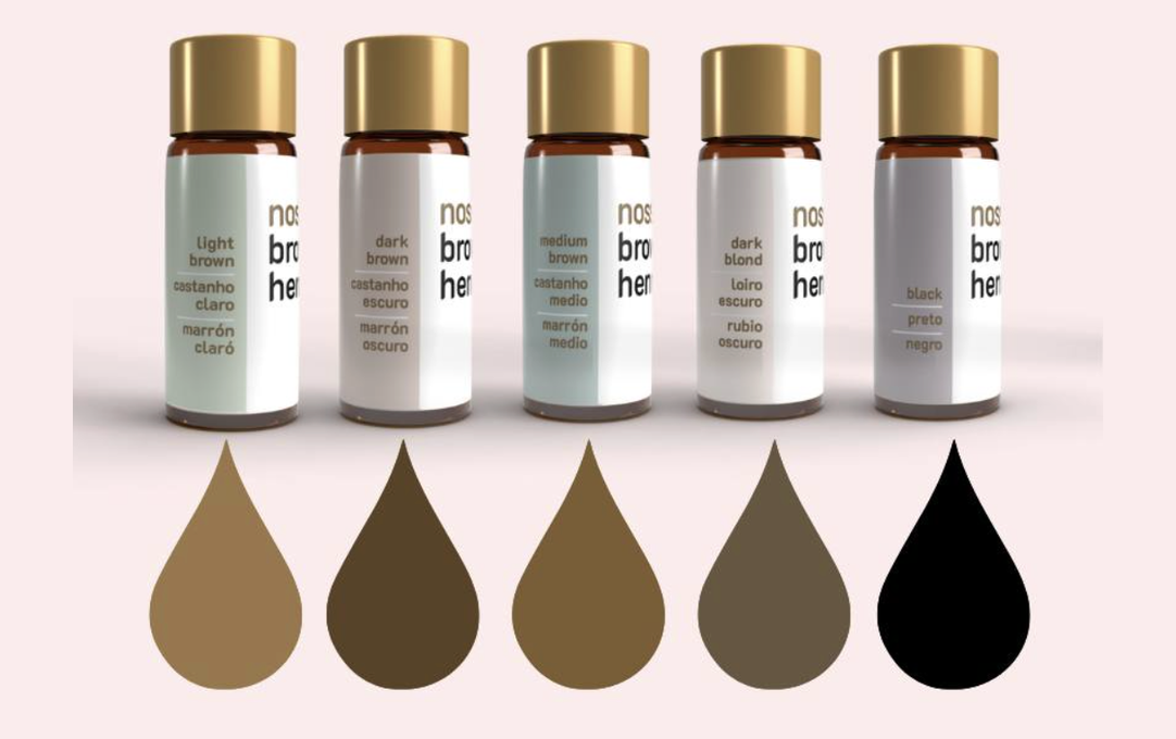 De vijf NOSSA Amsterdam brow henna kleuren met de originele flesverhoudingen